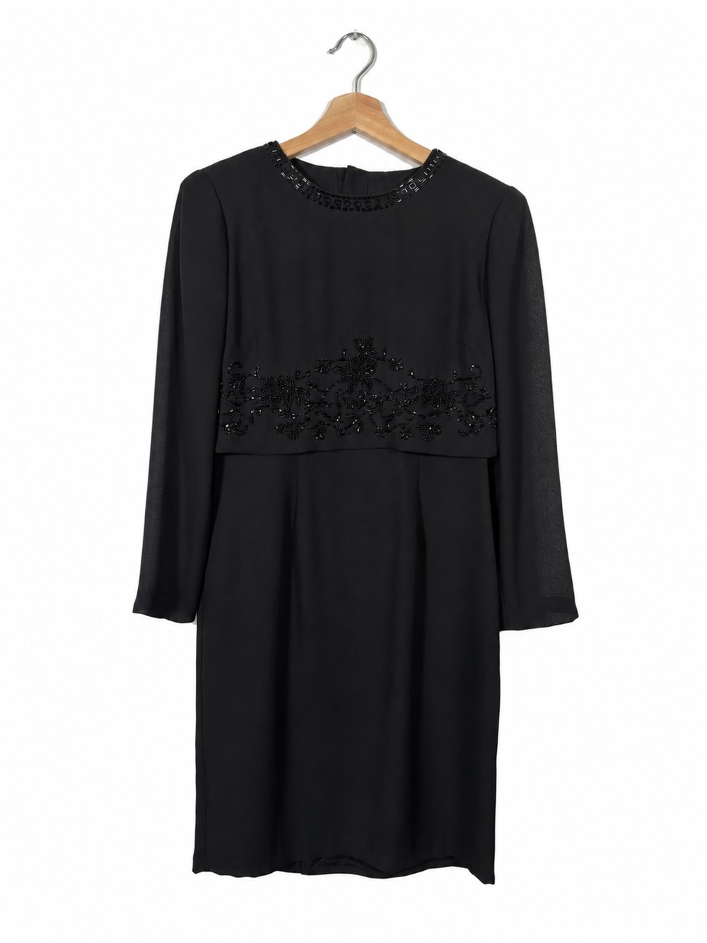 VTG Women's Beaded Midi Dress Drop Waist Long Sleeve Sz M Black Wedding Cocktail